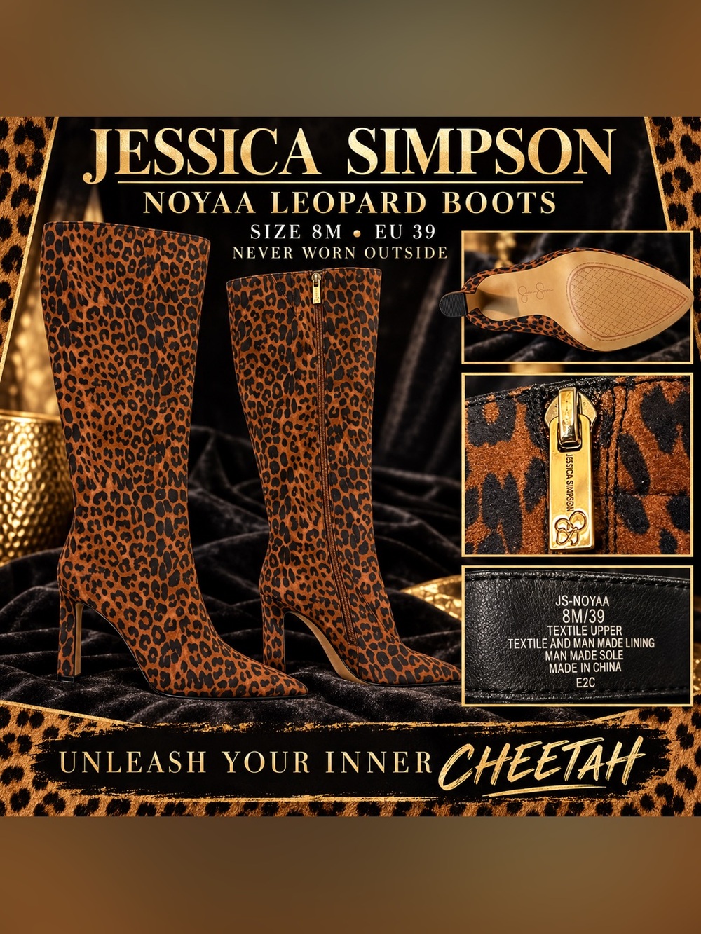 Jessica Simpson Noyaa Leopard-Print Knee-High Heeled Boots in Brown and Black
